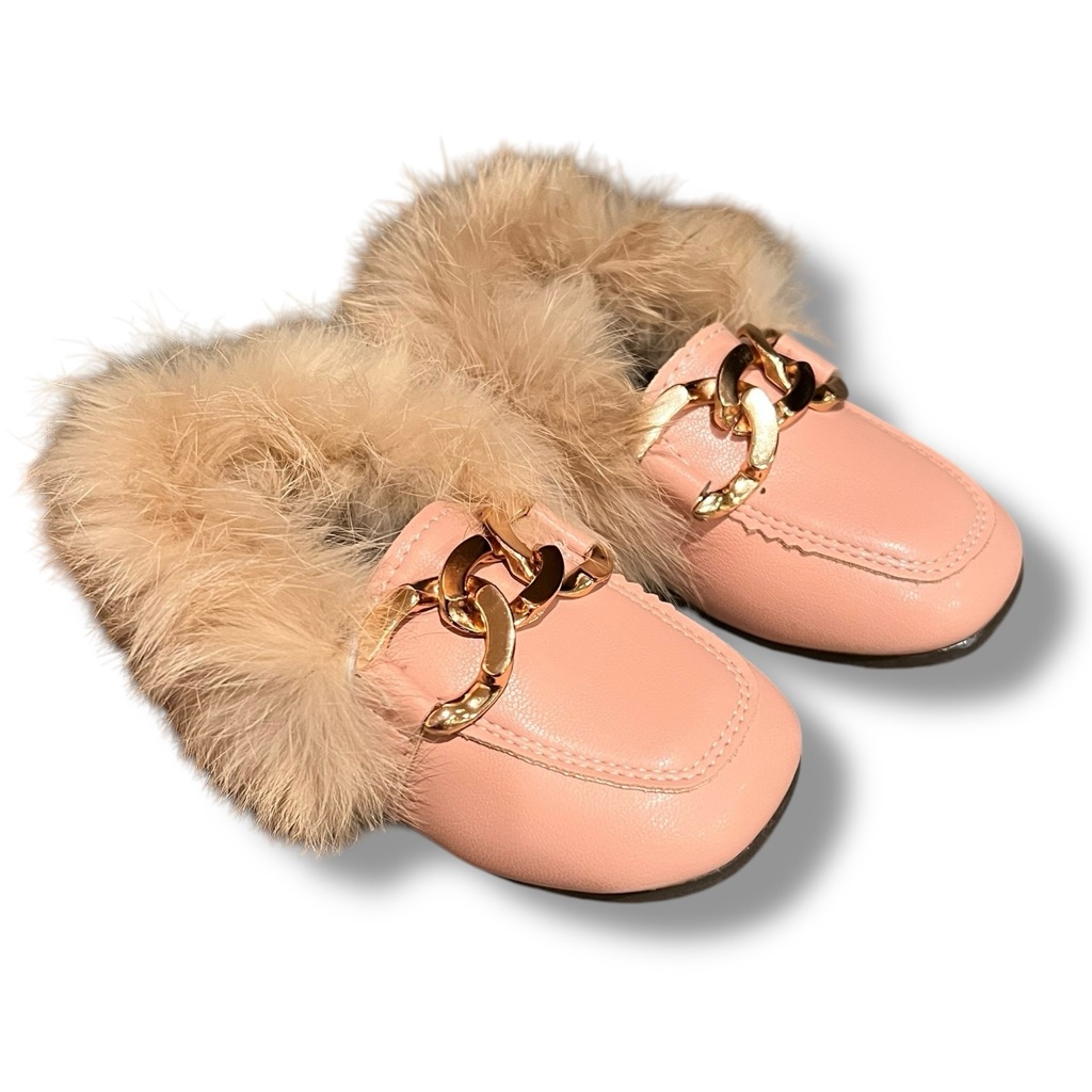New! Pink Faux Leather And Faux Fur Loafers With Gold Chain Toddler Size 8.5?